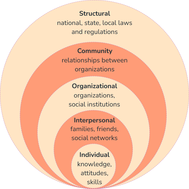 Socio-Ecological Model diagram A Social Ecological Model diagram shown as five nested concentric circles. From the largest outer layer to the inner core, the levels are: Structural (laws and regulations), Community (relationships between organizations), Organizational (social institutions), Interpersonal (families and social networks), and Individual (knowledge and skills).