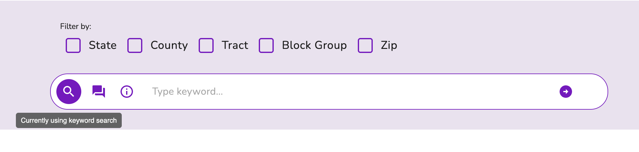 Keyword search mode in the SDOH Data Discovery Platform Keyword search mode in the SDOH Data Discovery Platform. User can type in terms and get suggestions or conduct search