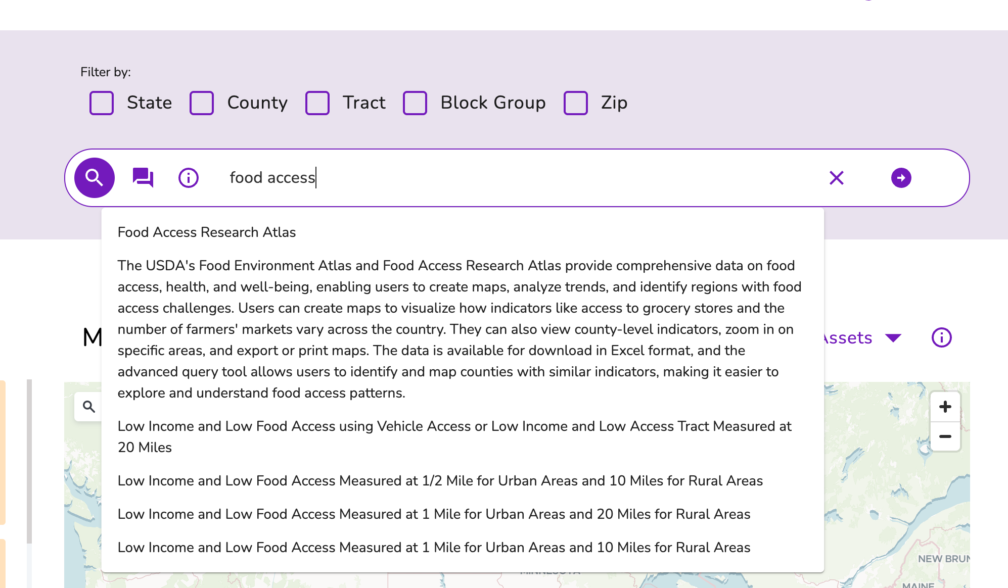 A type of “Food Access” in the keyword search mode will trigger the suggested term “Food Access Research Atlas” A type of “Food Access” in the keyword search mode will trigger the suggested term “Food Access Research Atlas” if user use the keyword search mode