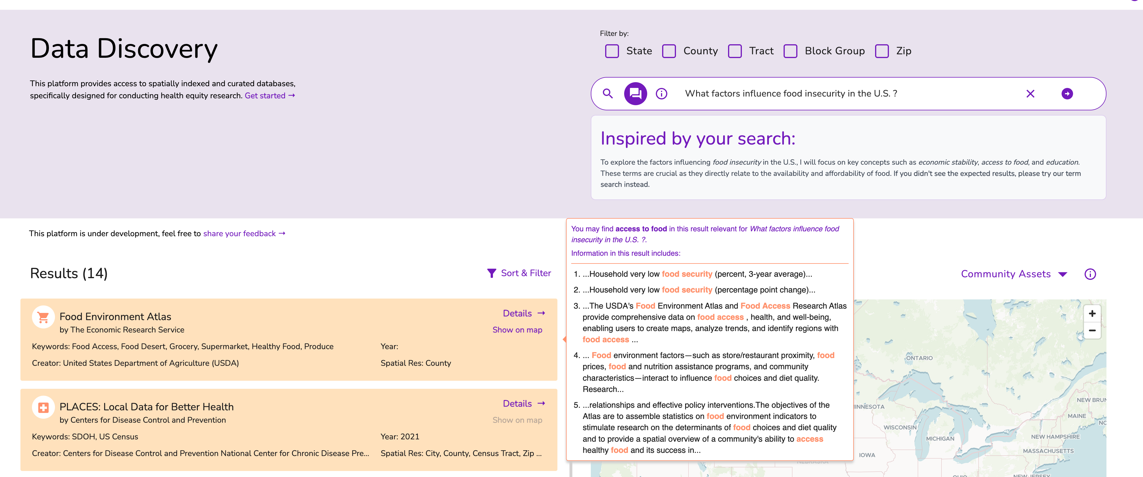 A snapshot of the results answering the question “What factors influence food insecurity in the U.S. ?” in AI-inspired search mode A snapshot of the results answering the question “What factors influence food insecurity in the U.S. ?” in AI-inspired search mode